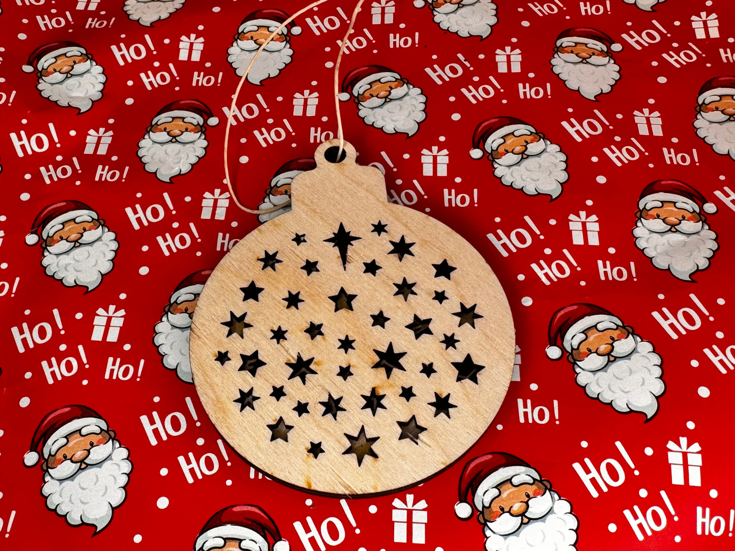 Handmade wood ornament Santa reindeer, snowflakes, north star and stars