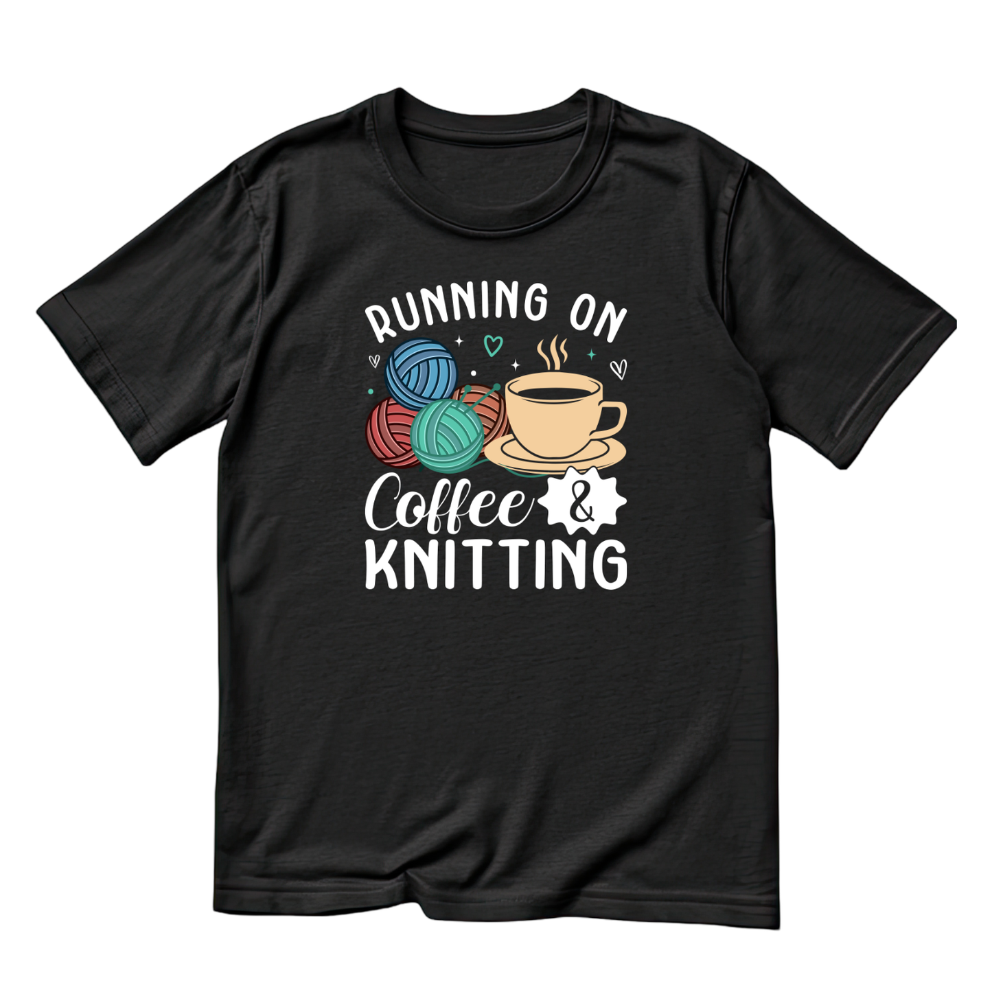 Running On Coffee & Knitting T-Shirt | Funny Saying Graphic Tee | Yarn Balls Printed Shirt