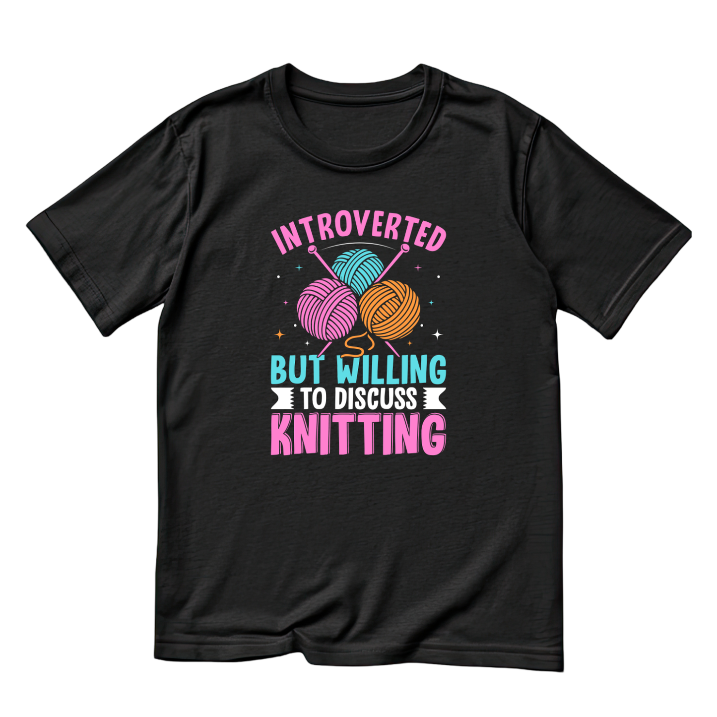 Introverted But Willing To Discuss Knitting T-Shirt | Funny Saying Graphic Tee | Yarn Balls Printed Shirt