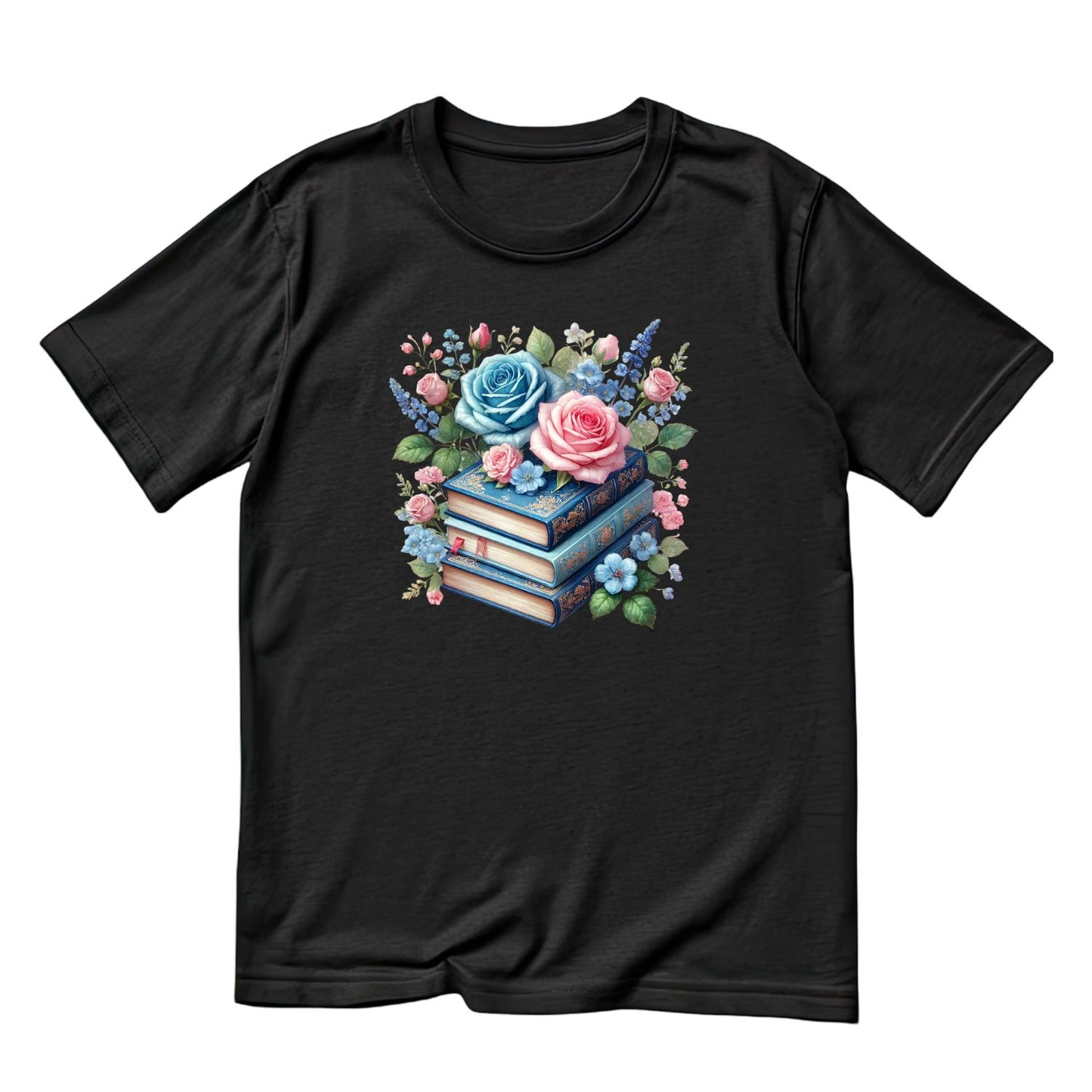 Blue & Pink Roses Vintage Books T-shirt