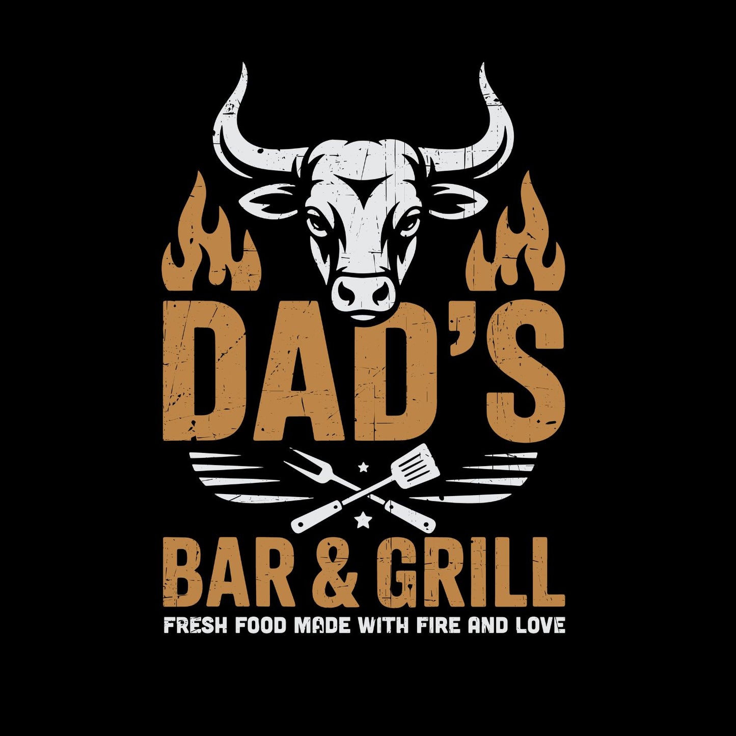 Dad’s Bar & Grill Fresh Food Made with Fire And Love T-shirt | Funny Graphic Tee | Bull Printed Shirt | Father’s Day | Birthday