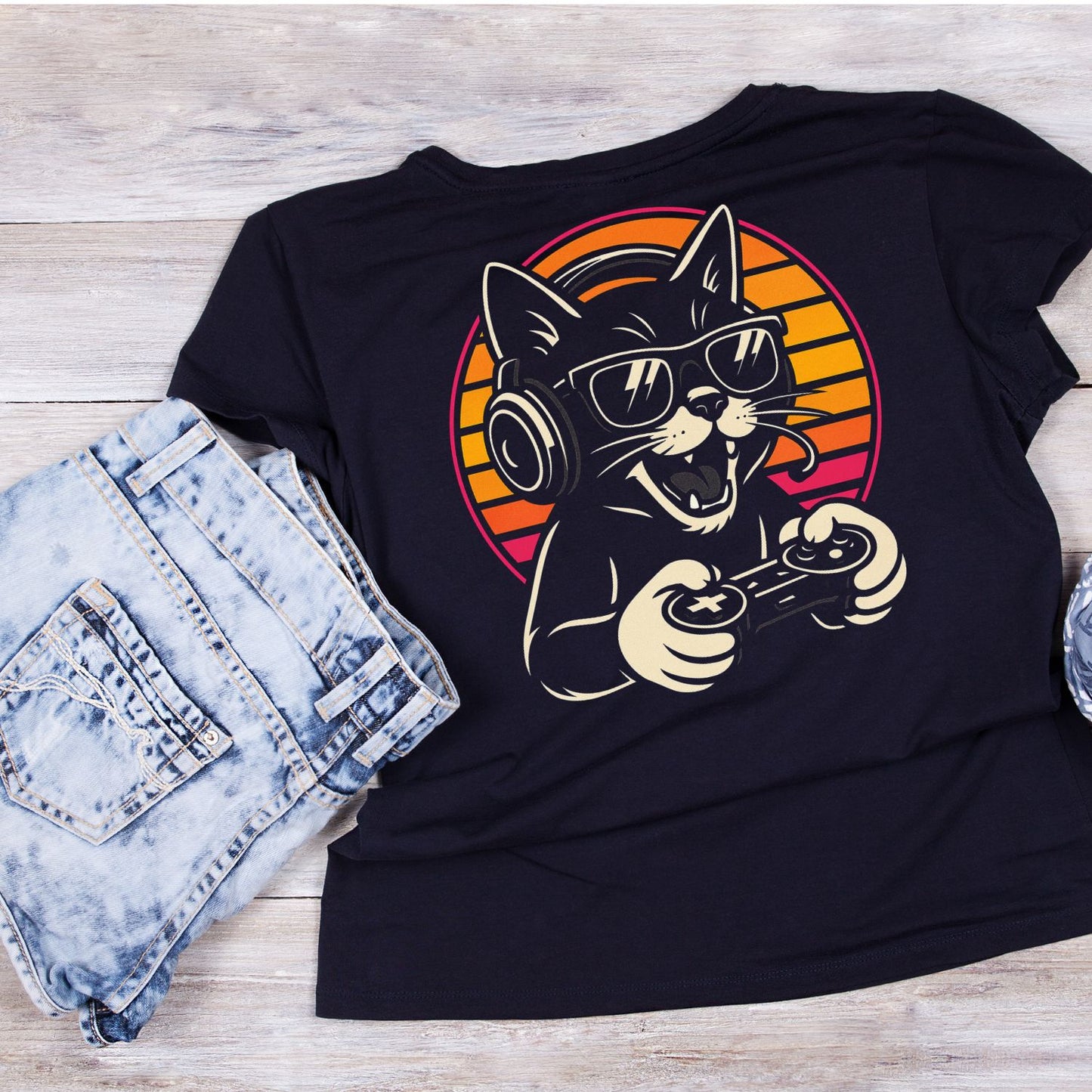 Gaming Cat Wearing Sunglasses T-Shirt| Kitty Kitten | black Cat | Game Controller & Headset