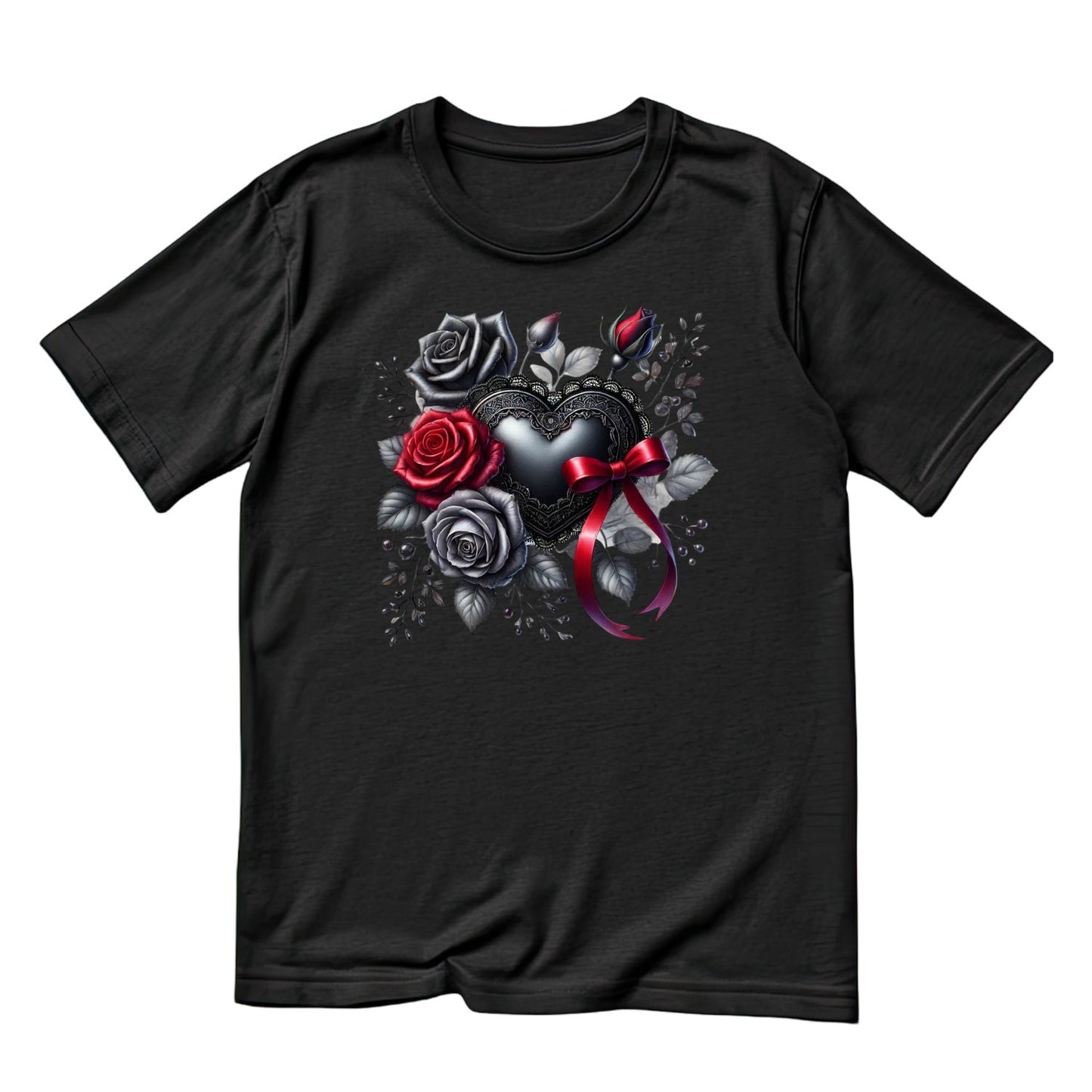 Dark Belle Heart T-Shirt| Red Roses Heart Red Bow | Gothic | Dark Valentine
