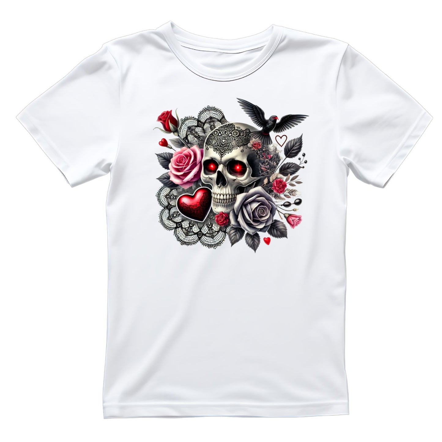 Victorian Death Lace T-Shirt| Skull Roses Red & Black Crow Doily | Gothic | Dark Valentine