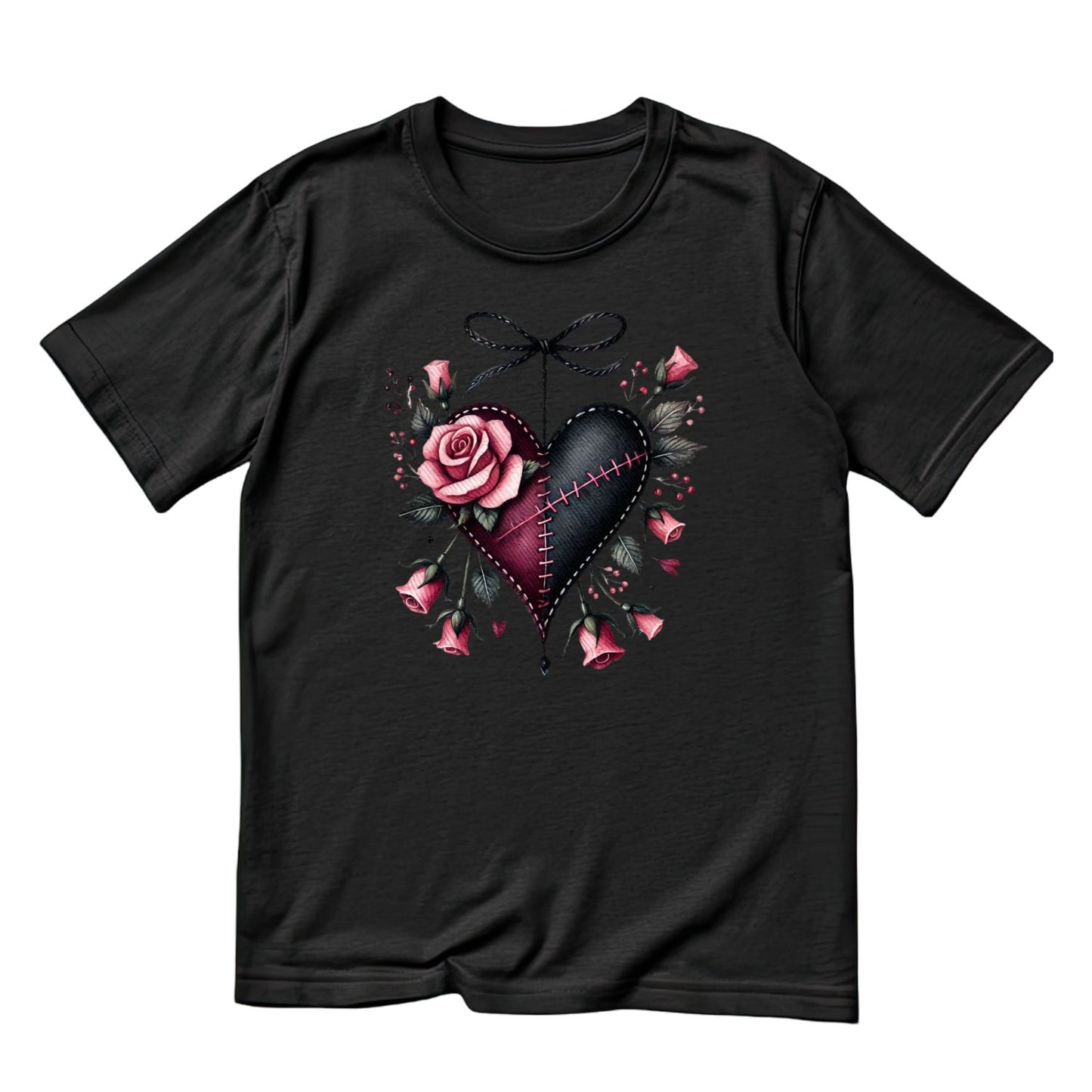 Stitched Heart Black Bow T-Shirt | Gothic | Rose Bouquet Pink & Black Roses| Dark Valentine