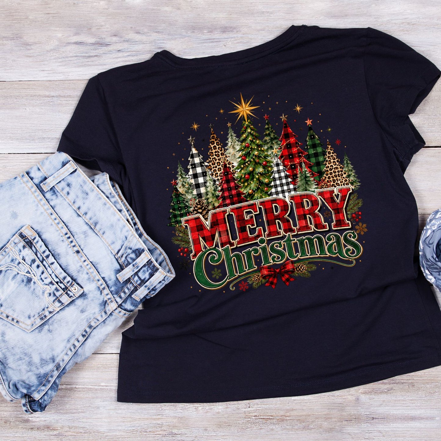 Plaid Merry Christmas Trees T-Shirt | Xmas Graphic Tee | Holiday Shirt