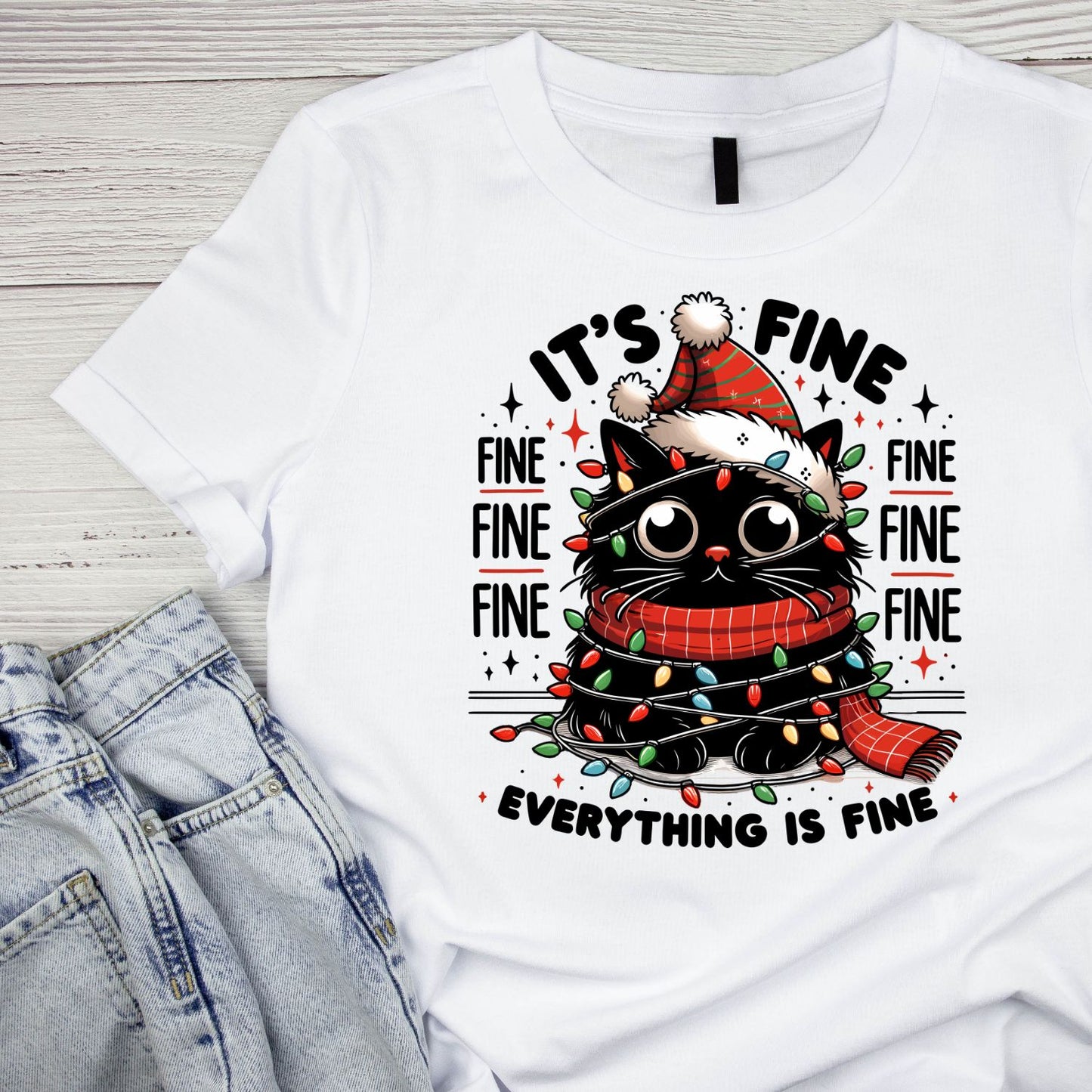 Its Fine Everything Is Fine Black Cat Tangled in Christmas Lights T-Shirt | Xmas Graphic Tee | Funny Holiday Shirt