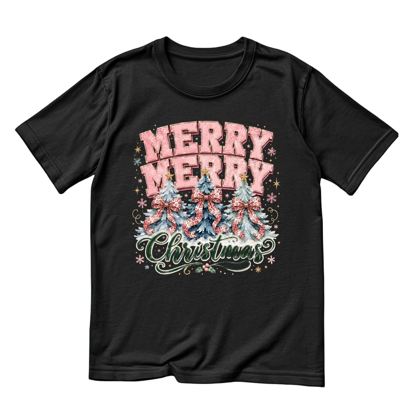 Merry Merry Christmas Pink Trees T-Shirt | Xmas Graphic Tee | Cute Holiday Shirt