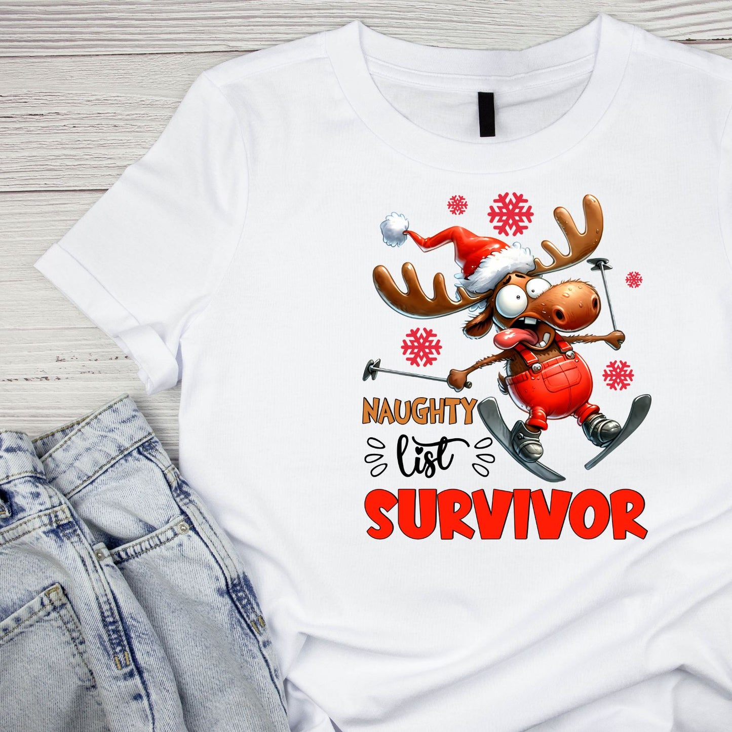 Naughty List Survivor Christmas Moose T-Shirt | Xmas Graphic Tee | Cute Funny Holiday Shirt