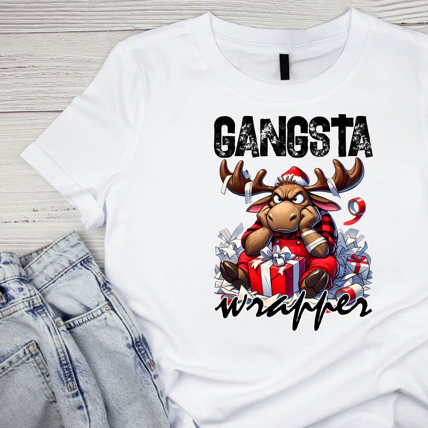 Gangsta Wrapper Christmas Moose T-Shirt | Xmas Graphic Tee | Cute Funny Holiday Shirt