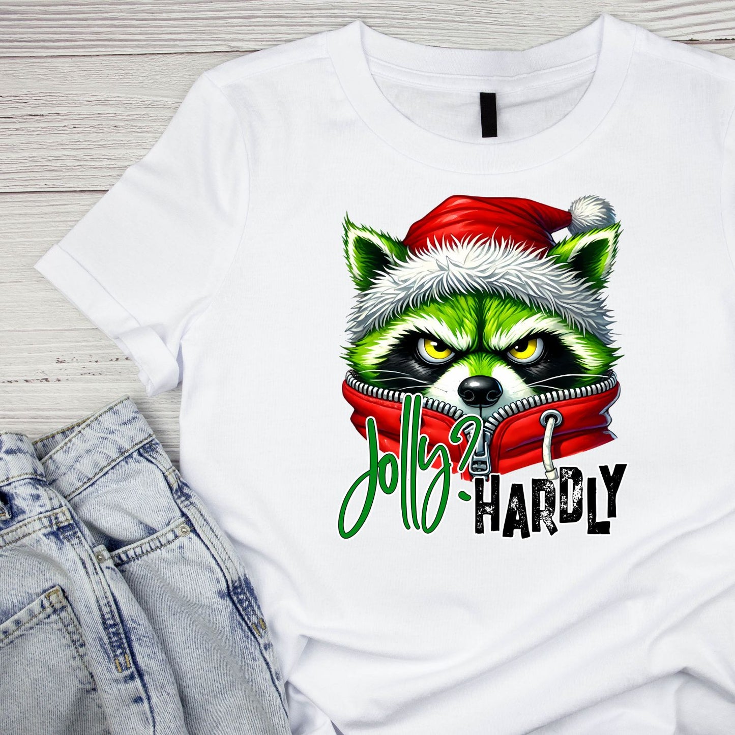 Jolly Hardly Raccoon Santa Christmas T-Shirt | Xmas Graphic Tee | Funny Shirt
