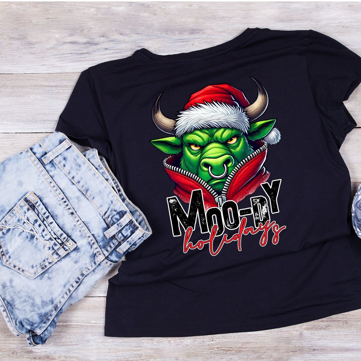 Moody Holiday Bull Santa Christmas T-Shirt | Xmas Graphic Tee | Funny Shirt