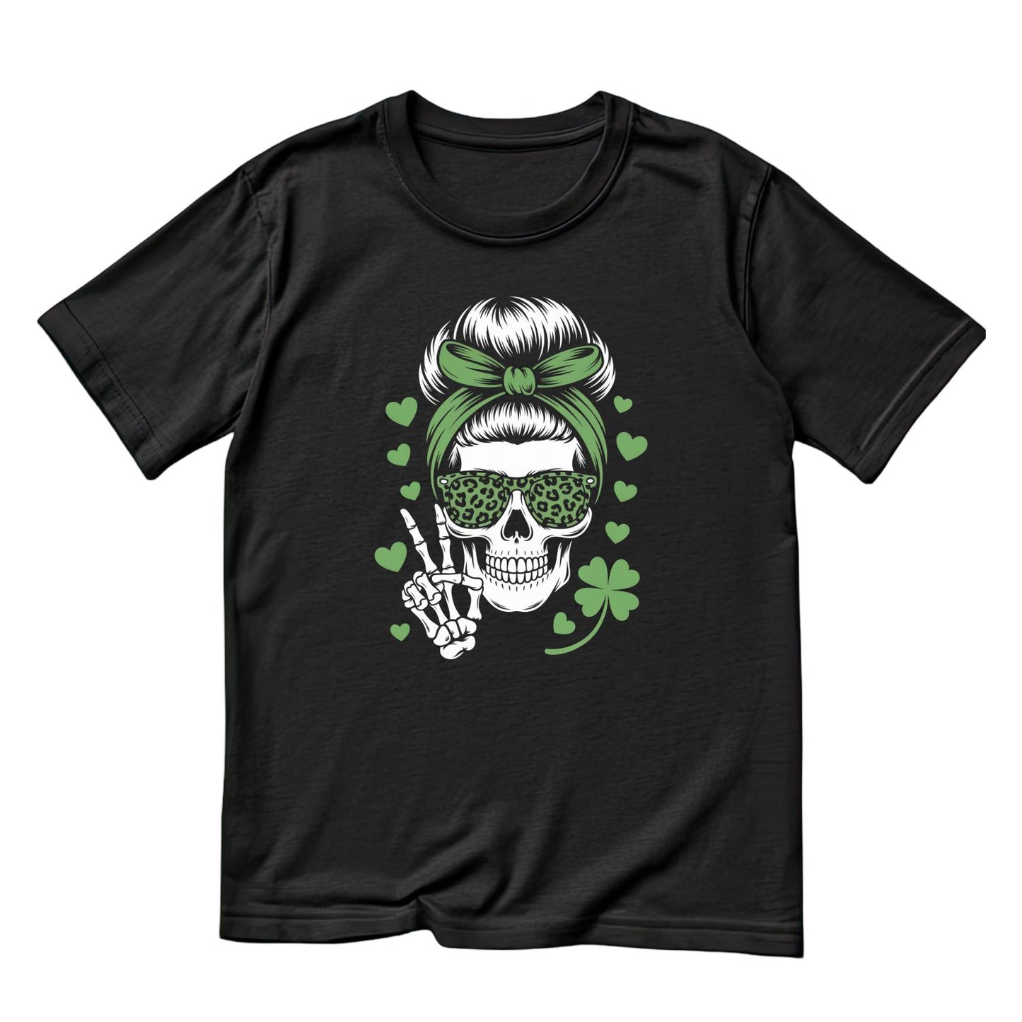 Skull Skeleton Hand Peace Head-wrap Shamrock Hearts T-Shirt | St Patrick’s Day T-Shirt |