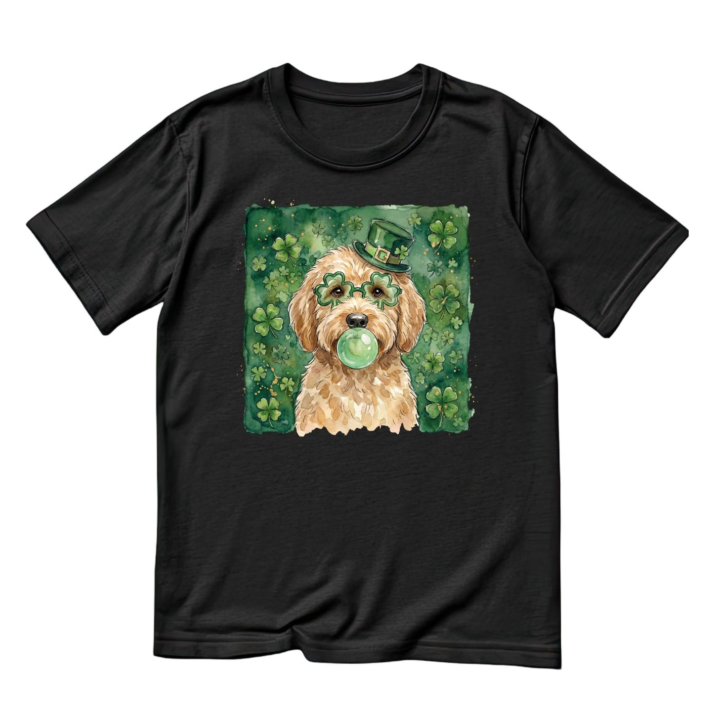 Dog Watercolour St. Patrick’s Day Wearing Top Hat & Glasses Blowing Gum Bubble T-shirt | St Patrick’s Day T-shirt | Shamrock