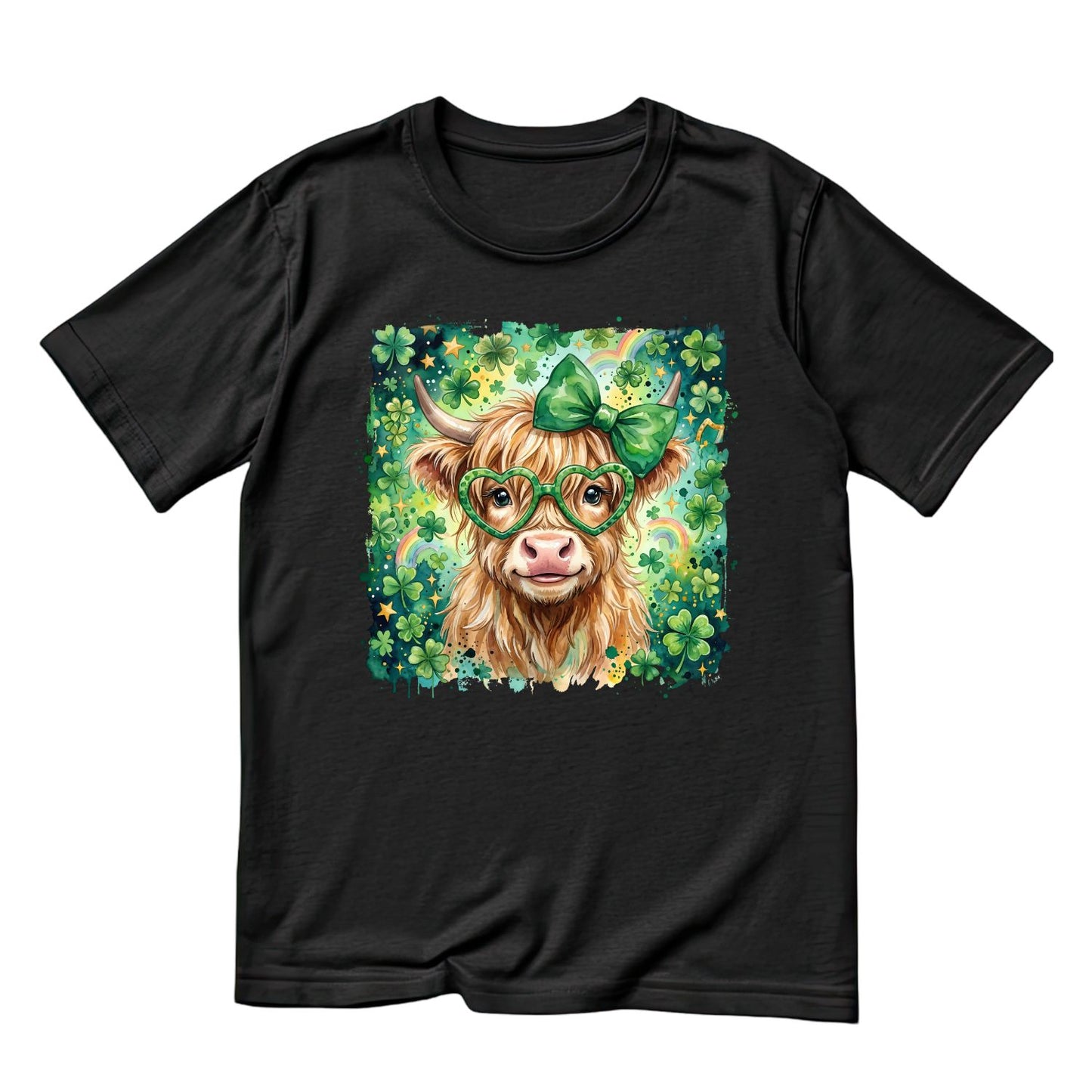 Highland Cow Watercolour St. Patrick’s Day Wearing Bow & Glasses T-shirt | St Patrick’s Day T-shirt | Shamrock