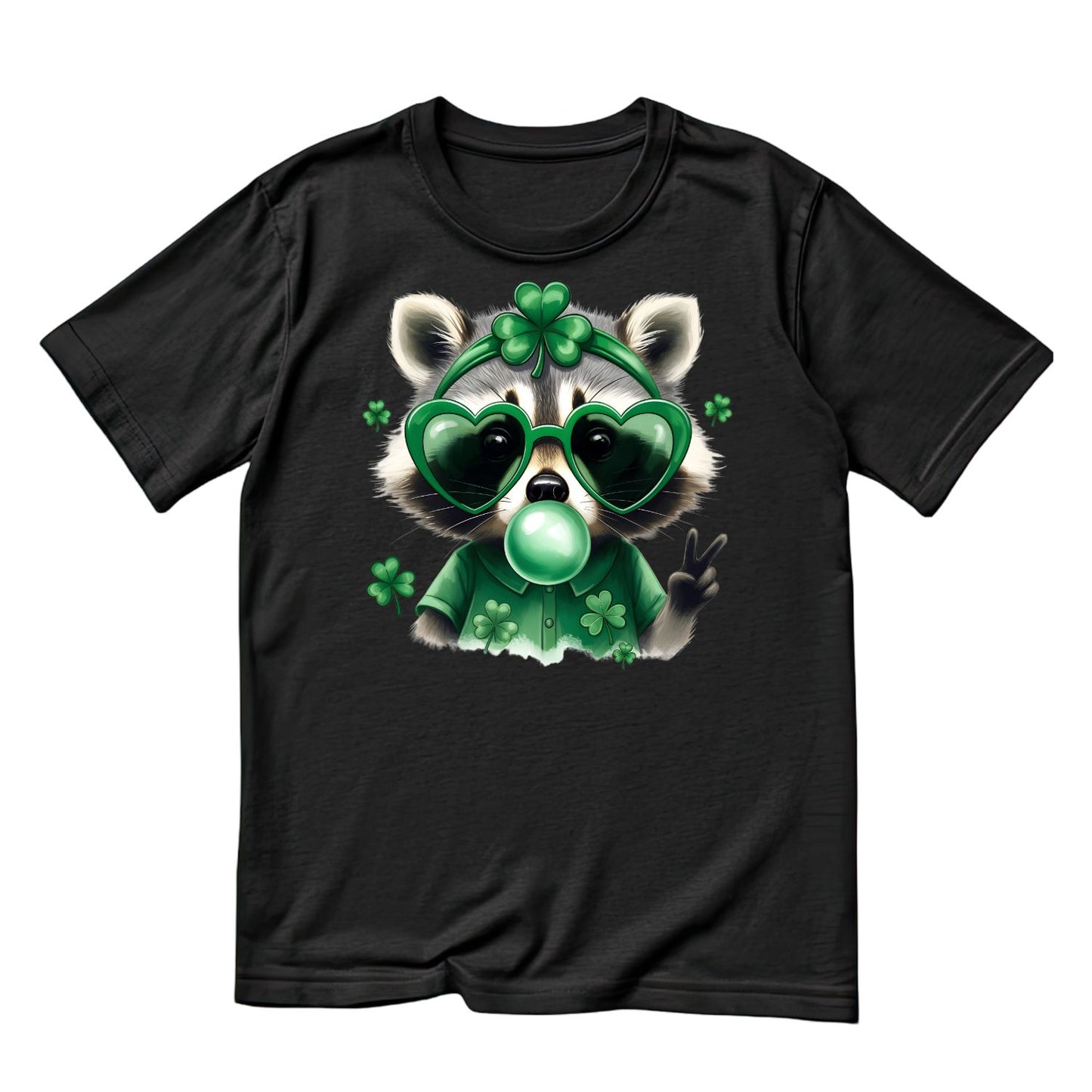 Raccoon Bowing Bubblegum Wearing Heart Glasses T-shirt | St Patrick’s Day T-shirt | Shamrock | Graphic Tee | Printed Shirt
