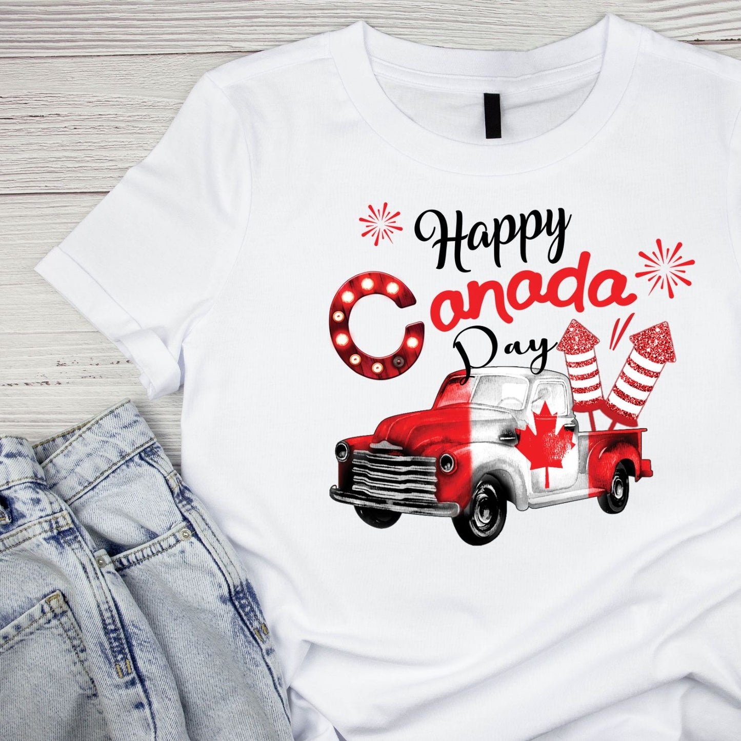 Happy Canada Day Truck Fireworks T-Shirt | July 1st Graphic Tee | Canada Day Shirt
