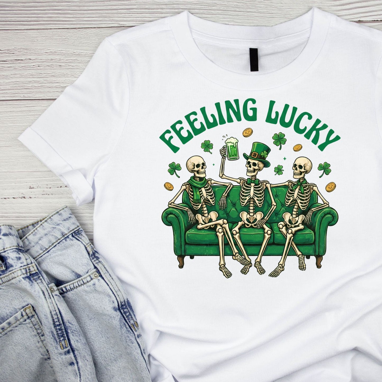 Feeling Lucky Skeltons Drinking Beer St Patrick’s day T-shirt | St Patrick’s Day T-shirt | Shamrock | Graphic Tee | Printed Shirt | St. Paddy’s