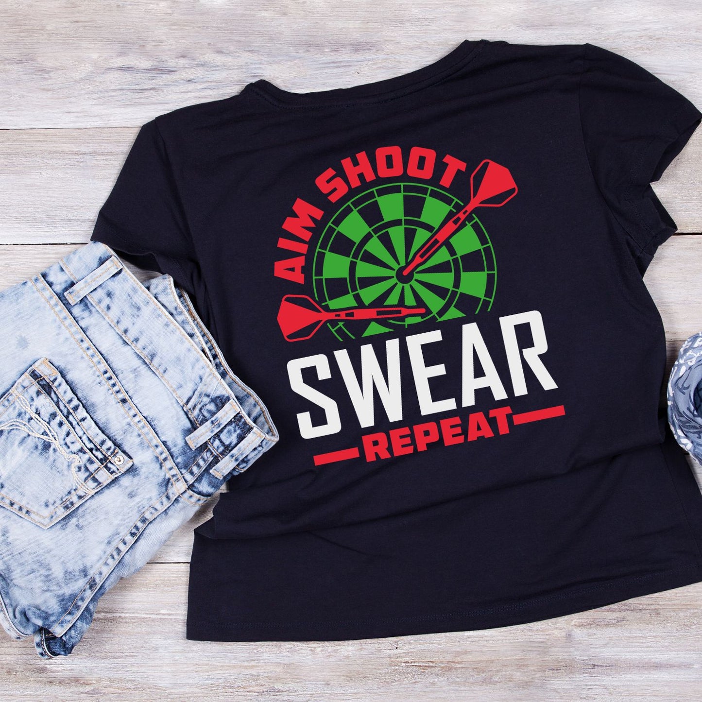 Aim Shoot Swear Repeat T-Shirt | Darts Graphic Tee | Sports Shirt