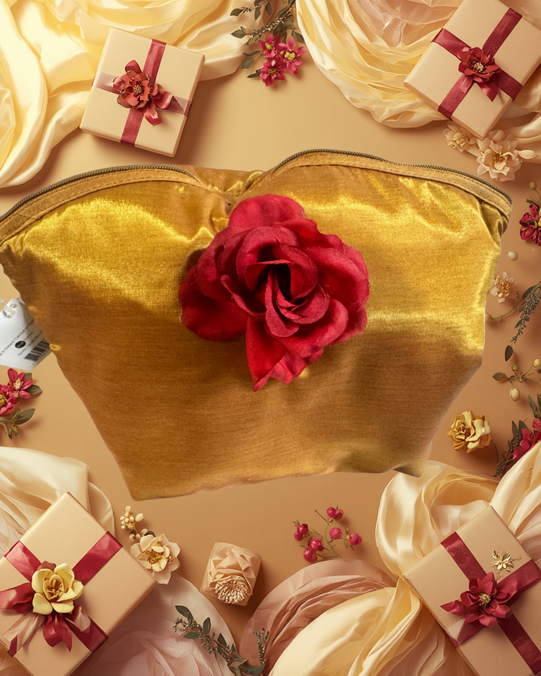 Satin sheeen Gold Make-up Bag with rose