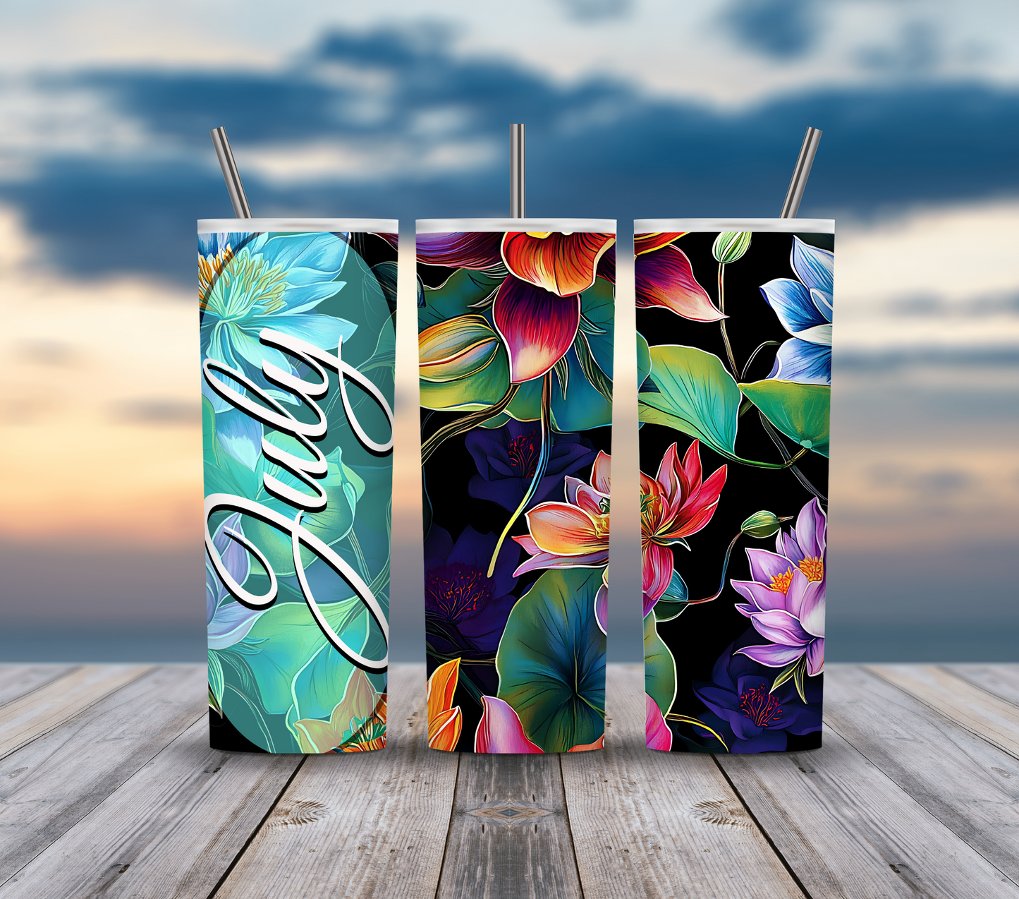 July Floral Water Lily Birthday Tumbler