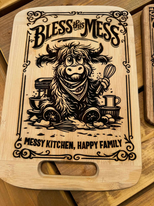 Bless This Mess Highland Cow Bamboo Cutting Board