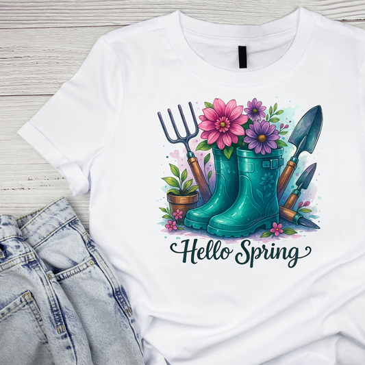 Hello Spring Gardening Boots T-Shirt | Graphic Tee | Gardening Printed Shirt | Plants Nature Lover |
