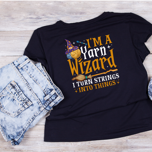 I’m A Yarn Wizard ai Turn Strings Into Things Knitting T-Shirt | Funny Saying Graphic Tee | Yarn Balls Printed T-Shirt