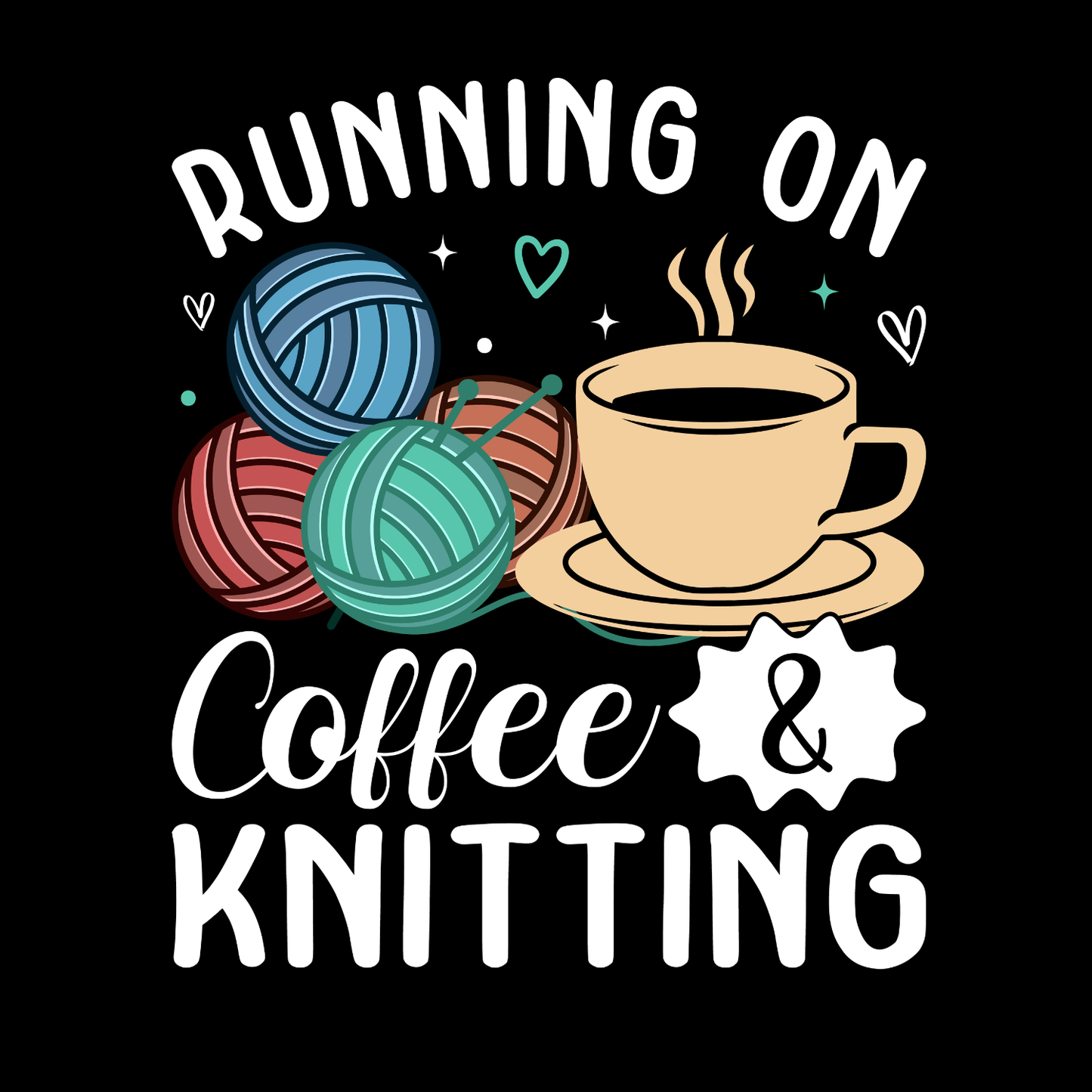 Running On Coffee & Knitting T-Shirt | Funny Saying Graphic Tee | Yarn Balls Printed Shirt
