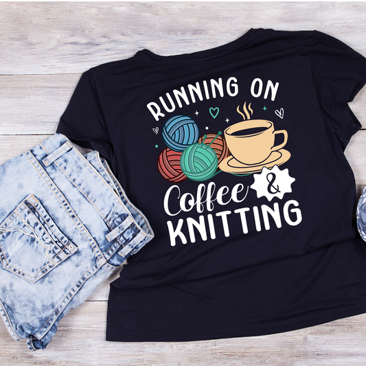 Running On Coffee & Knitting T-Shirt | Funny Saying Graphic Tee | Yarn Balls Printed Shirt