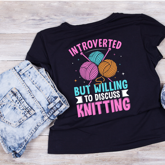 Introverted But Willing To Discuss Knitting T-Shirt | Funny Saying Graphic Tee | Yarn Balls Printed Shirt