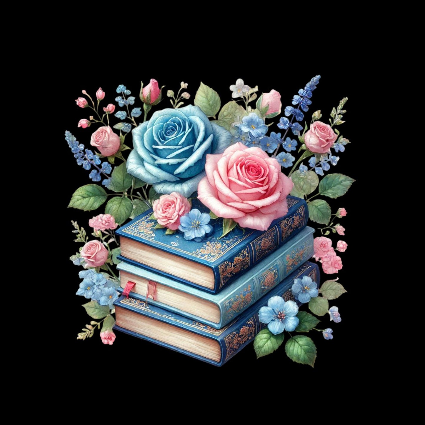 Blue & Pink Roses Vintage Books T-shirt