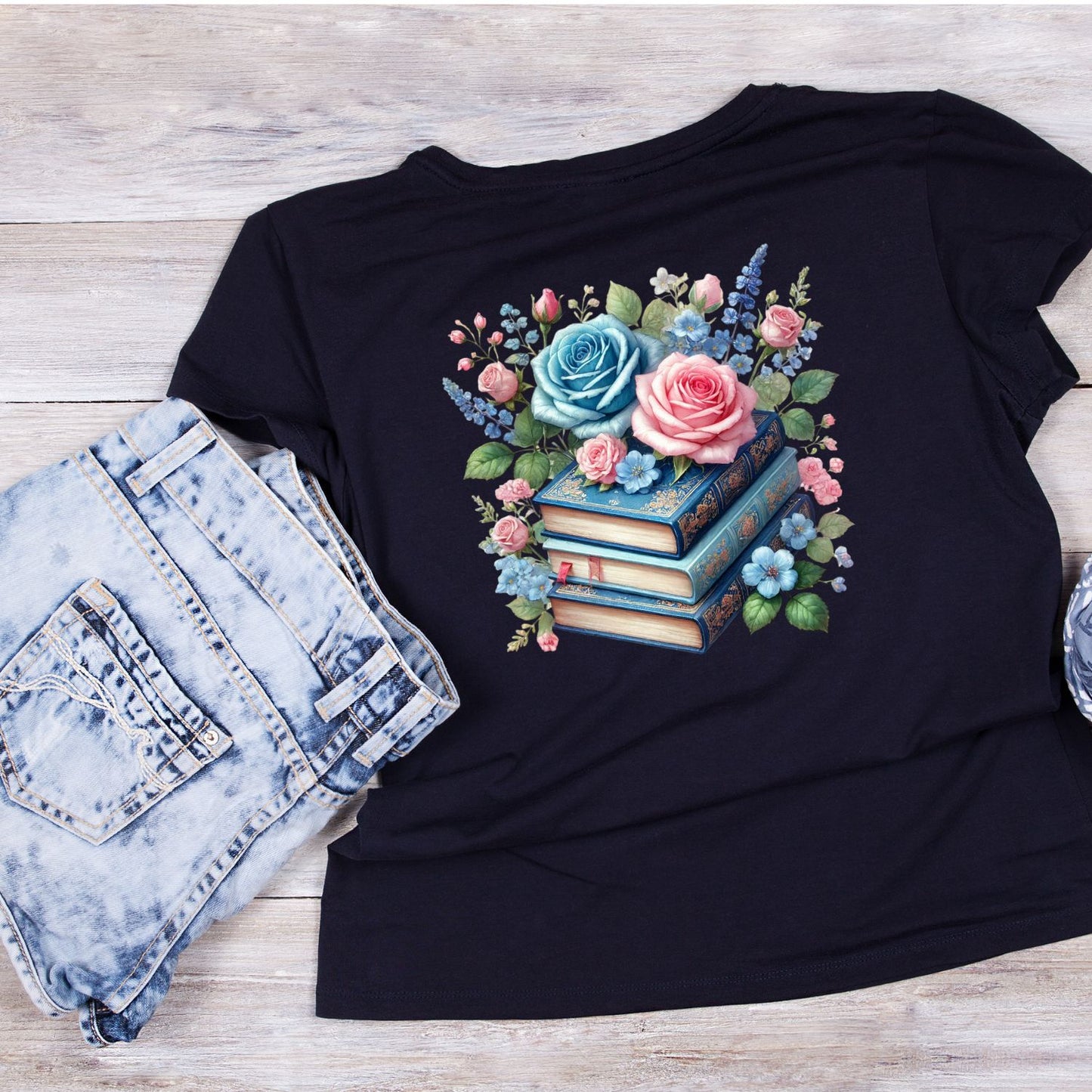 Blue & Pink Roses Vintage Books T-shirt