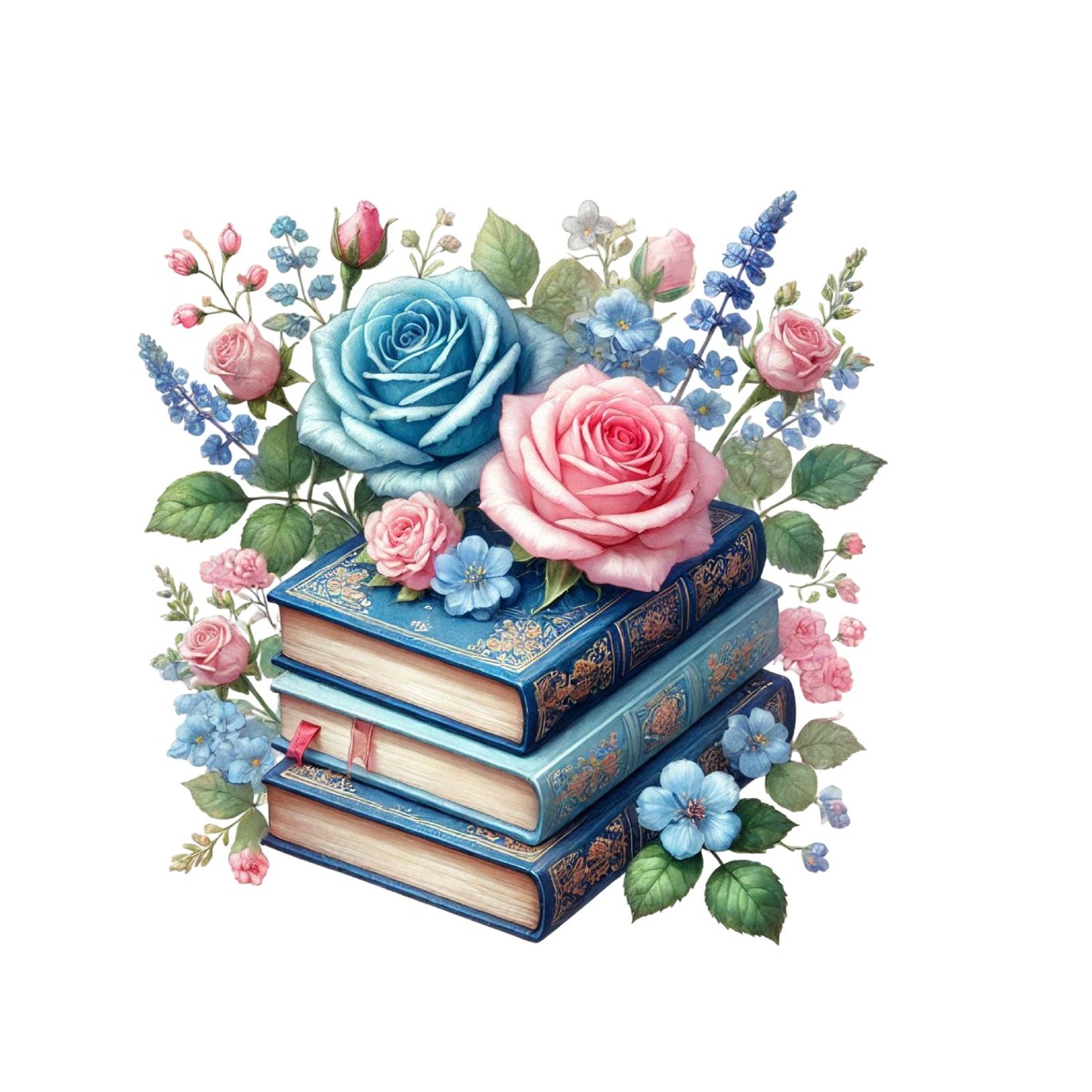 Blue & Pink Roses Vintage Books T-shirt