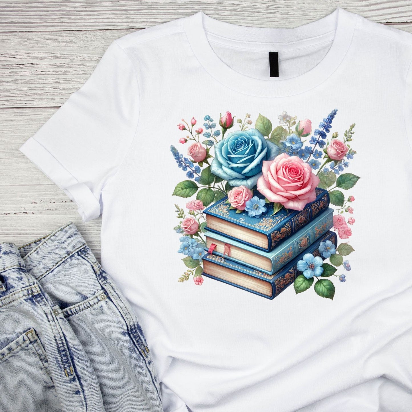 Blue & Pink Roses Vintage Books T-shirt