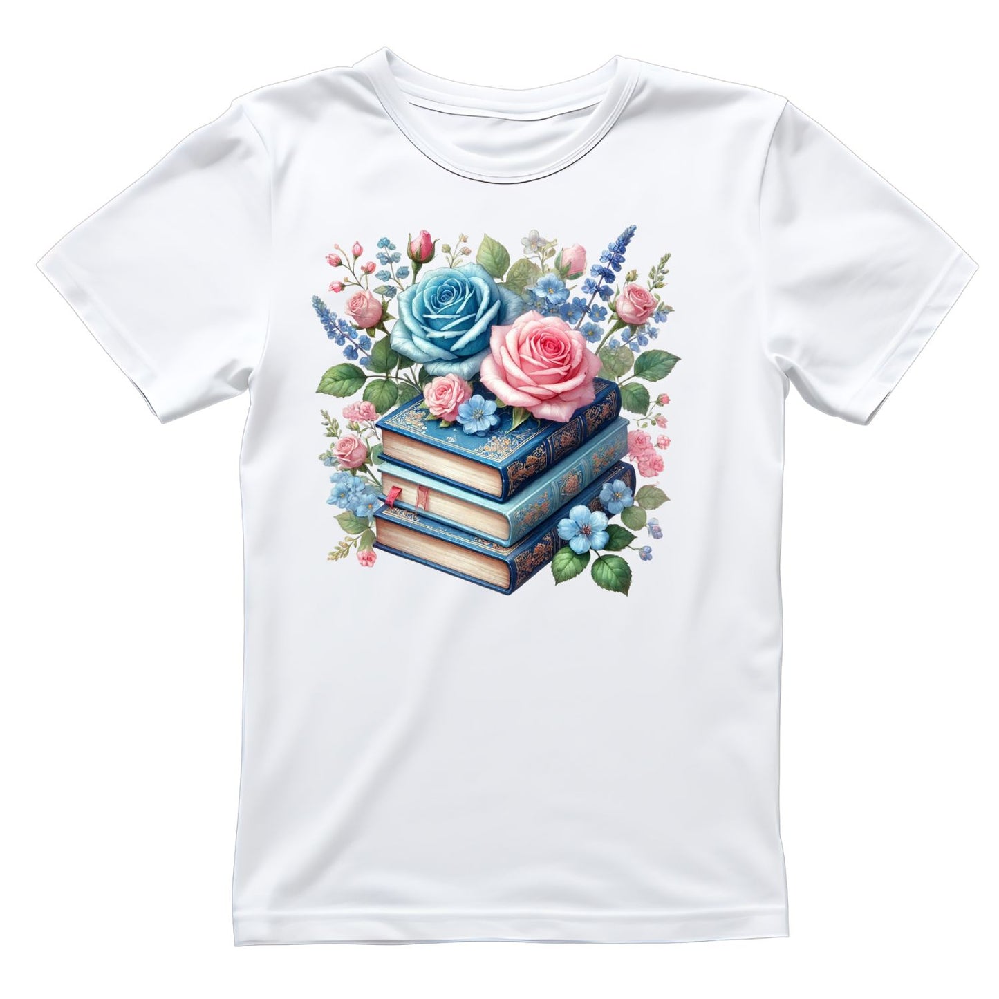 Blue & Pink Roses Vintage Books T-shirt