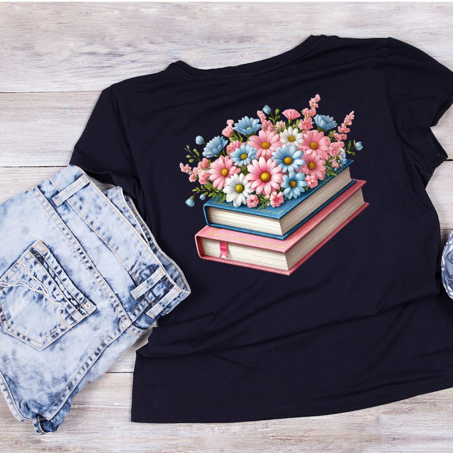 Pink & Blue Daisies Vintage Books T-shirt