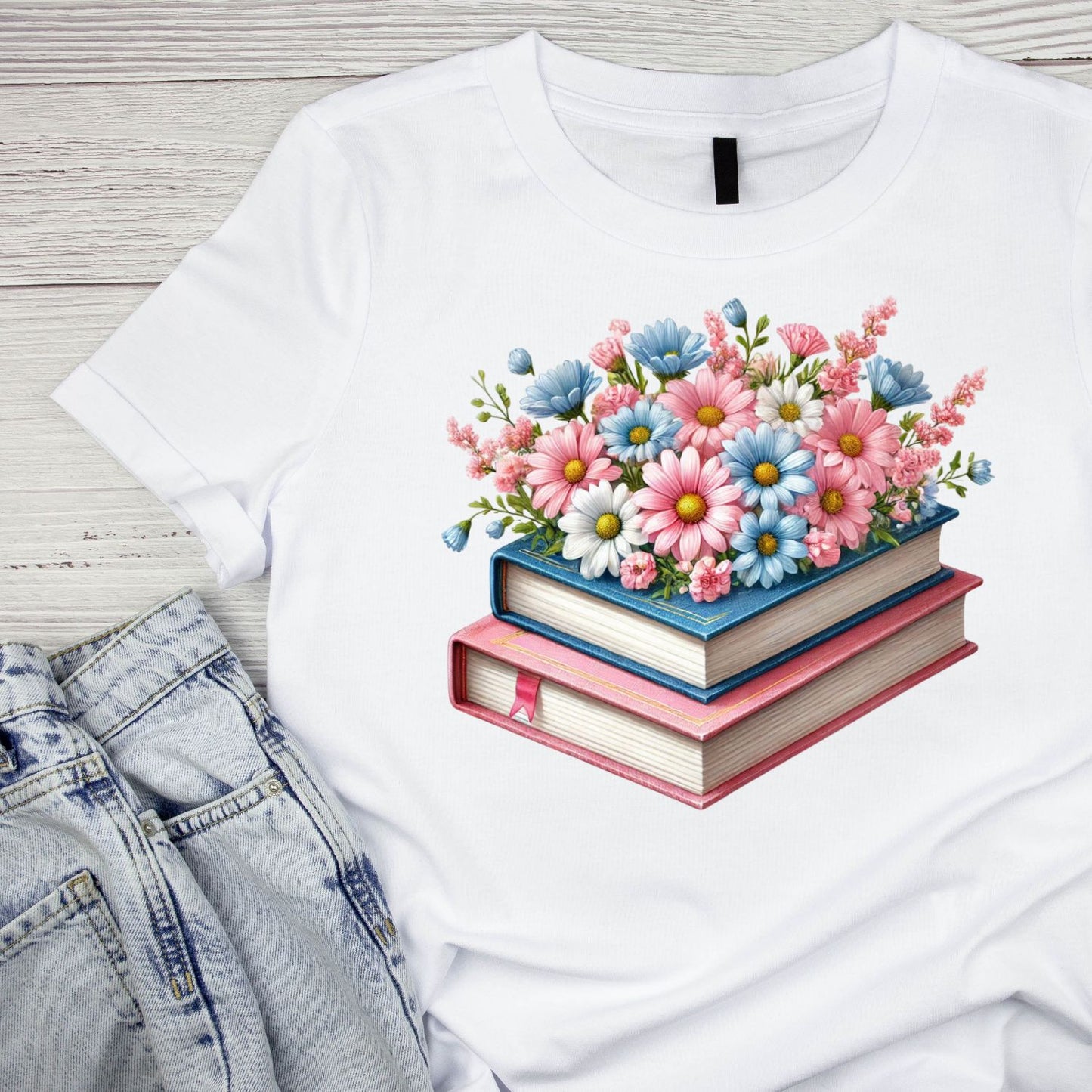 Pink & Blue Daisies Vintage Books T-shirt