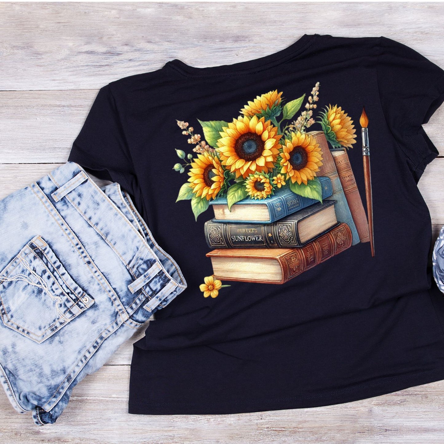 Sunflowers Vintage Books & Paintbrush T-shirt
