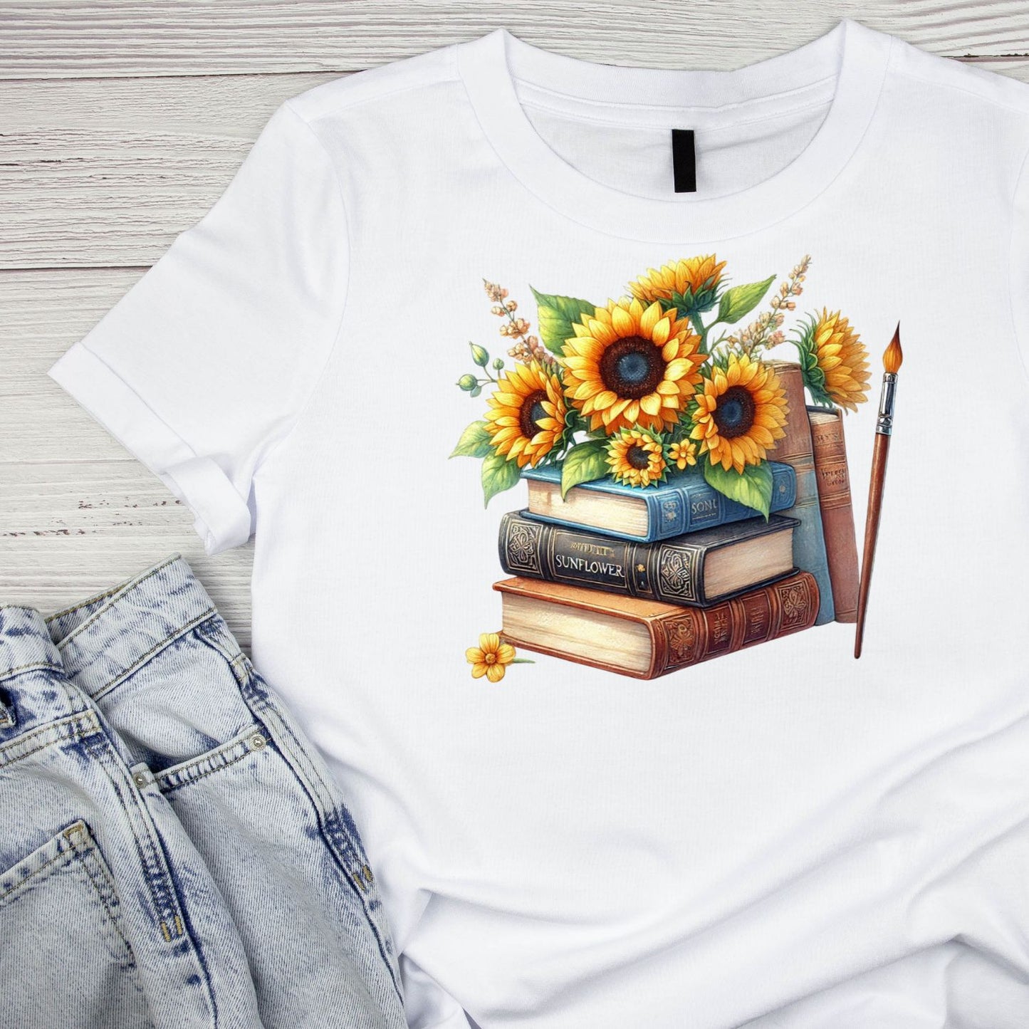 Sunflowers Vintage Books & Paintbrush T-shirt