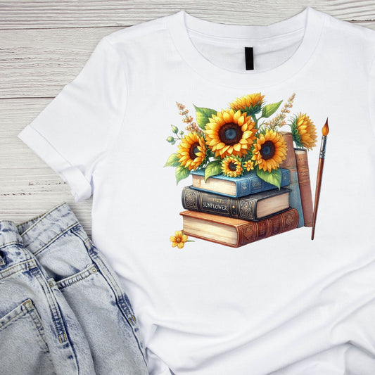 Sunflowers Vintage Books & Paintbrush T-shirt