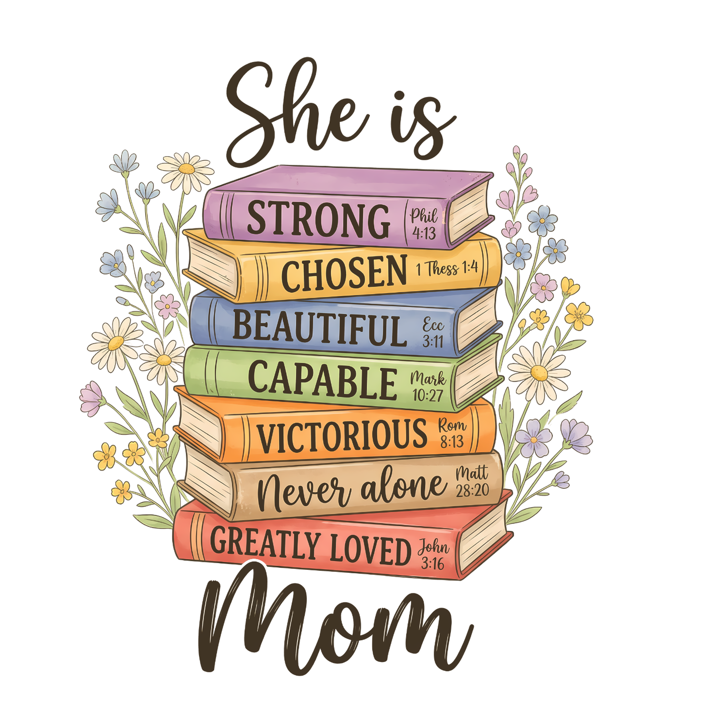 She Is Strong Chosen Beautiful Capable Victorious Never Alone Greatly Loved Mom Book T-shirt | Mama Graphic Tee | Mommy Printed Shirt | Mother’s Day | Birthday |
