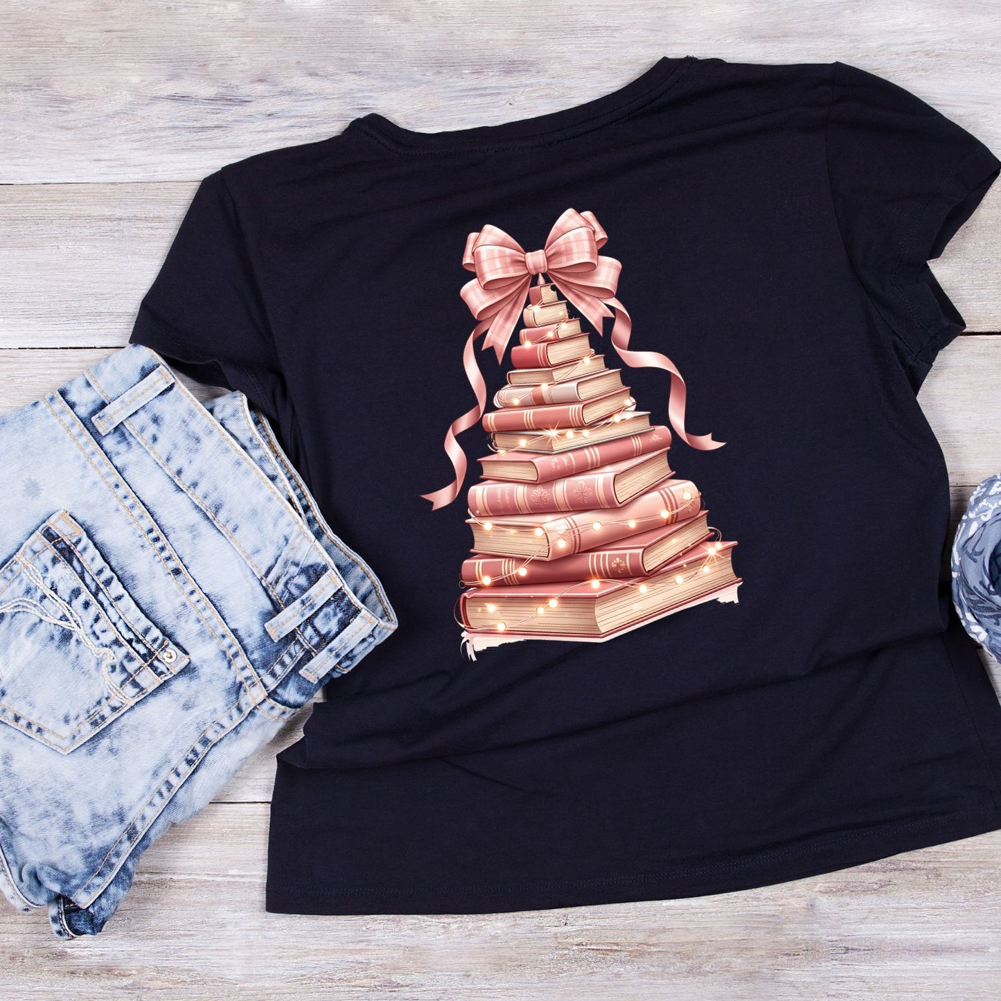 Pink Stacked Books Christmas Tree T-shirt