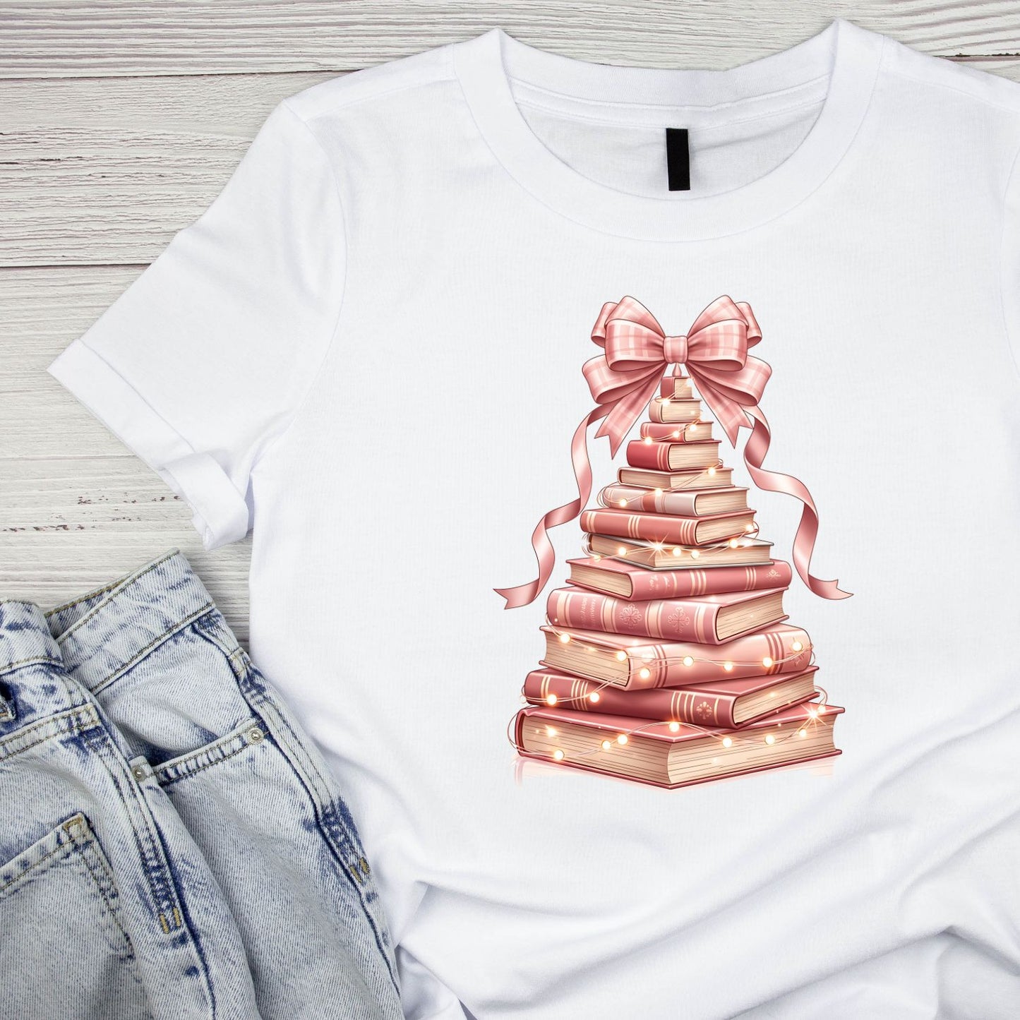 Pink Stacked Books Christmas Tree T-shirt