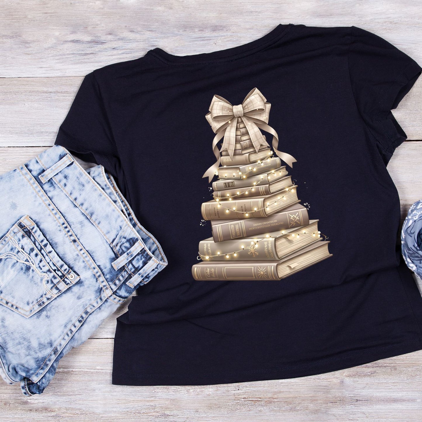 Gold Stacked Books Christmas Tree T-shirt