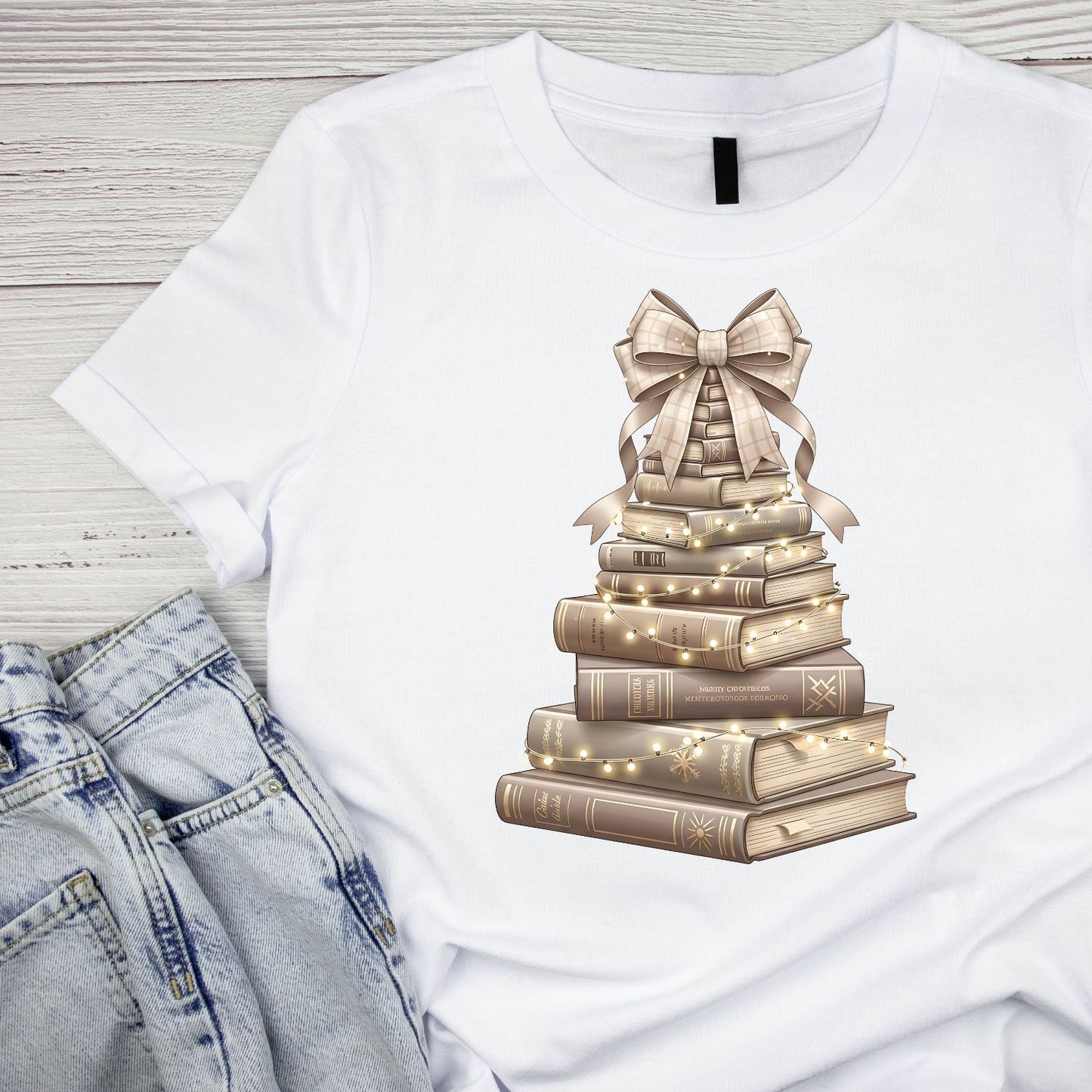 Gold Stacked Books Christmas Tree T-shirt