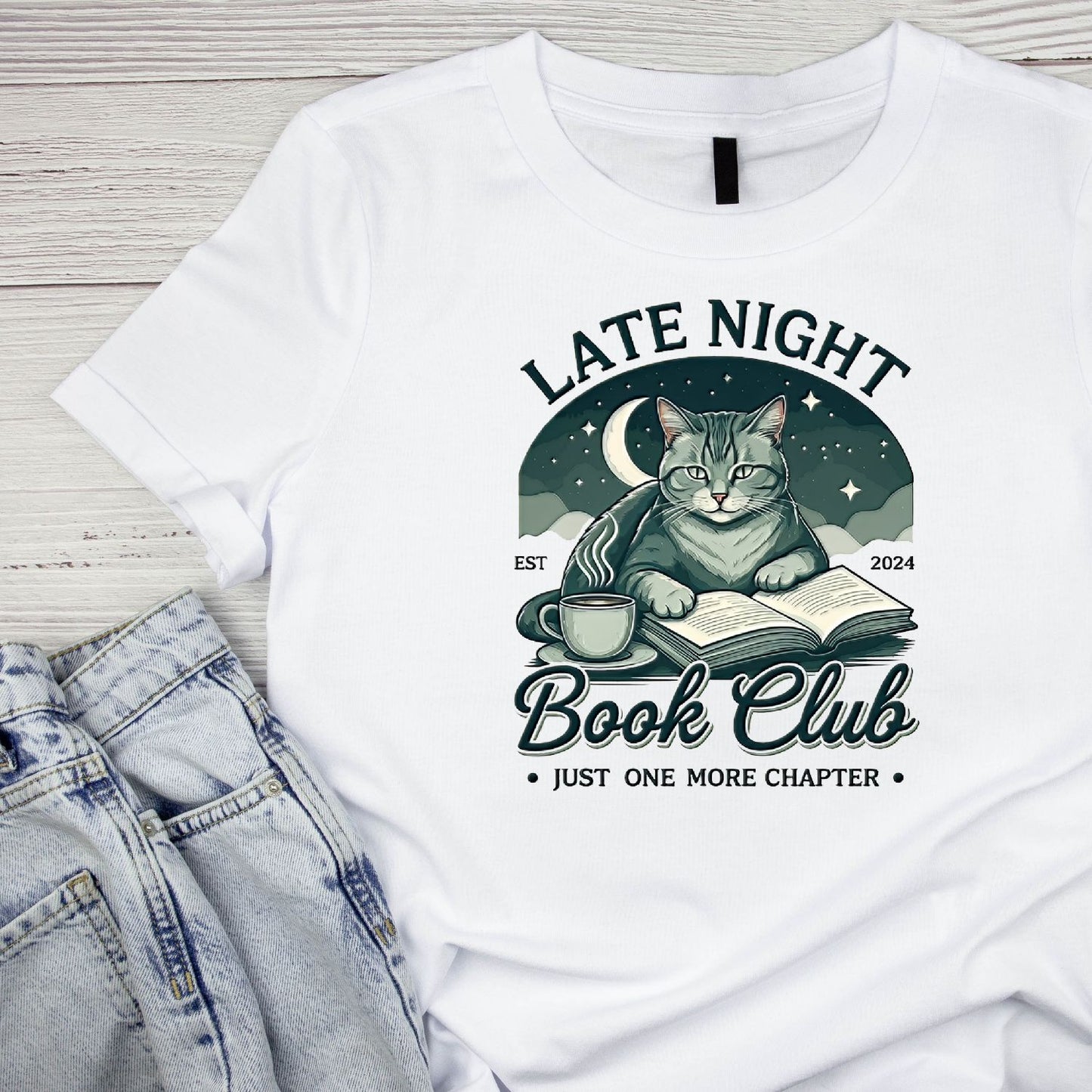 Late Night Book Club Just One More Chapter Cat T-shirt