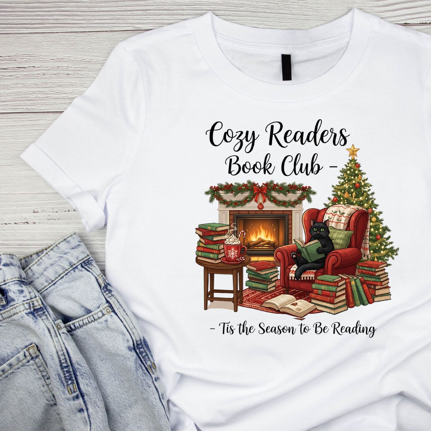 Cozy Readers Book Club Tis the Season To Be Reading Christmas Cat T-shirt