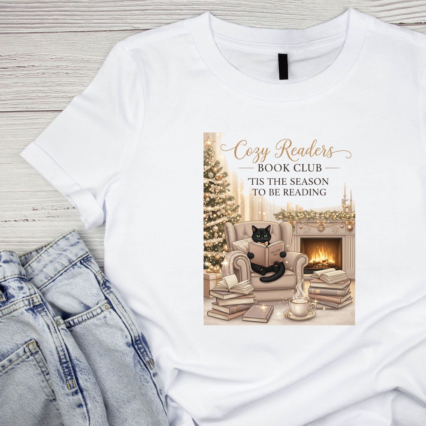 Cozy Readers Book Club Tis the Season To Be Reading Christmas Cat T-shirt
