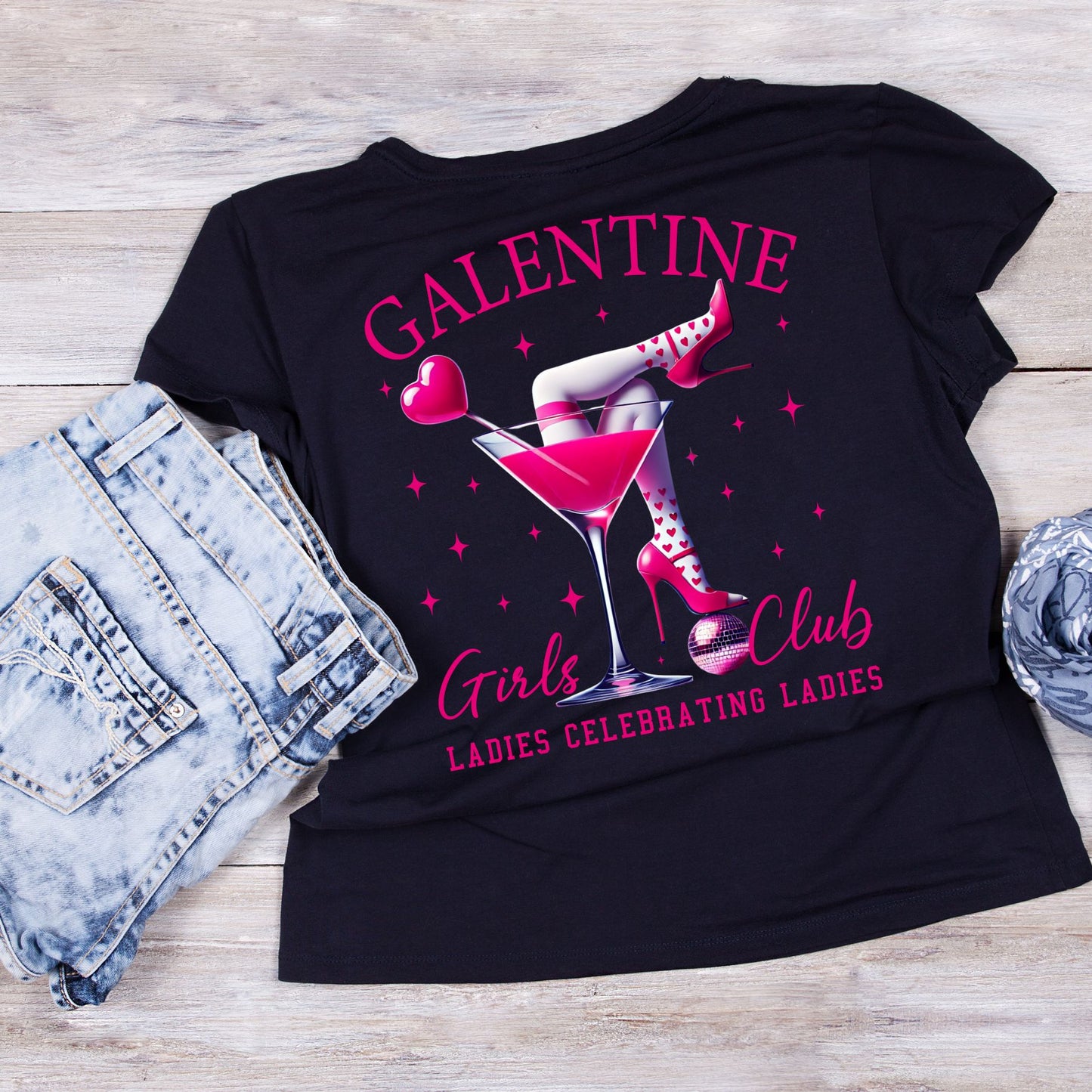 Galentine Girls Club Ladies Celebrating Ladies | Valentine’s Day T-shirt | Martini Glass | Pink High Heels